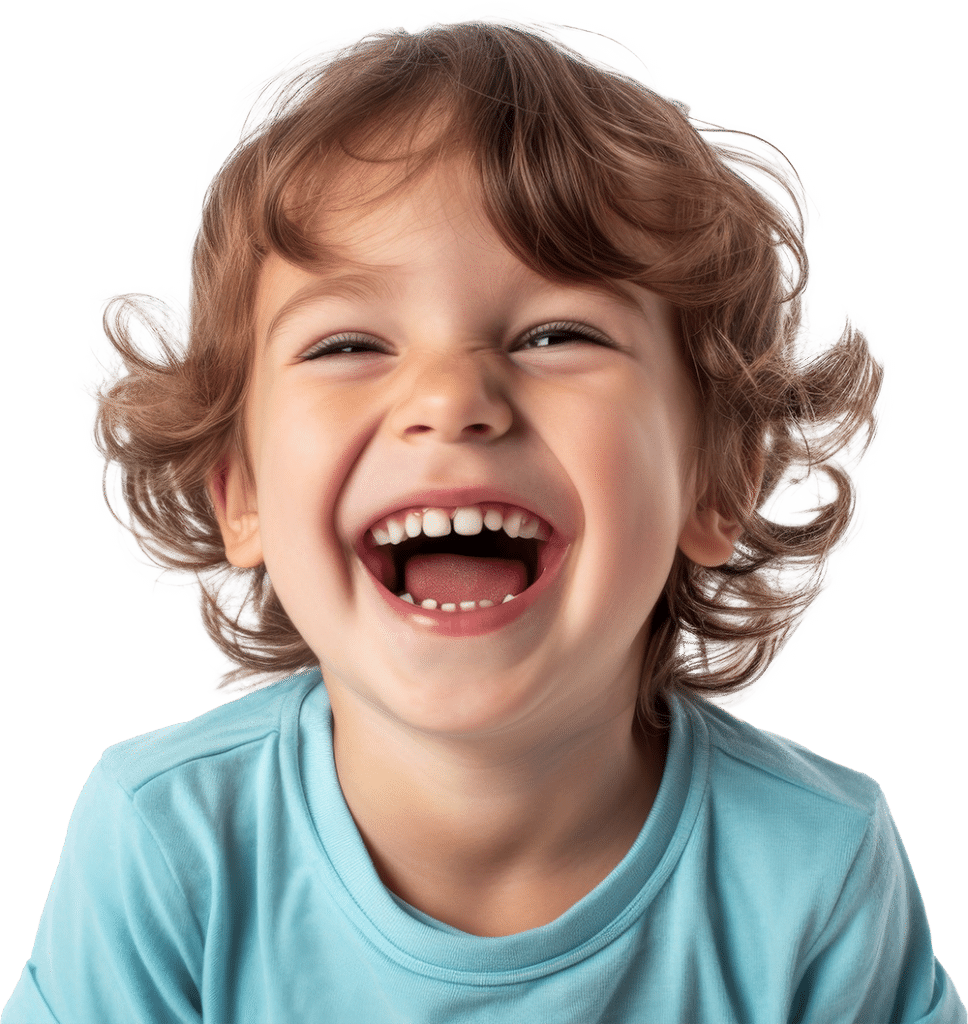 Happy young child with curly brown hair, laughing with an open-mouthed grin, wearing a light blue shirt.